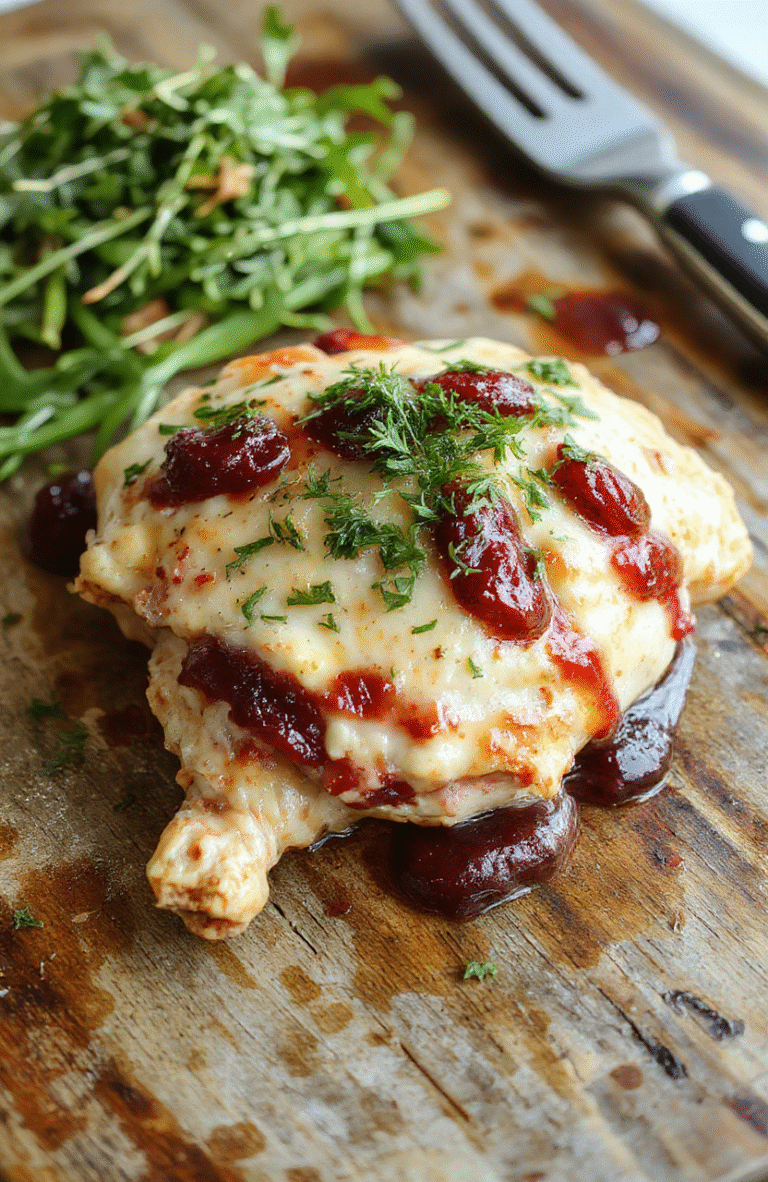 A beautifully plated chicken dish topped with melted brie cheese, fresh cranberries, and sprigs of thyme, served on a rustic white plate with a sprinkle of herbs. The vibrant red cranberries contrast with the creamy white cheese and golden-brown chicken, all styled on a wooden table with festive holiday decor in the background.