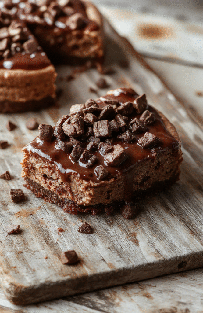 A rich, creamy German Chocolate Cheesecake sliced to reveal its luscious layers. The top is beautifully decorated with shredded coconut, chopped pecans, and chocolate shavings, with a glossy chocolate glaze. The cheesecake sits on a rustic plate, with a background of warm-toned wooden surface and soft natural light highlighting its textures and indulgent appearance.