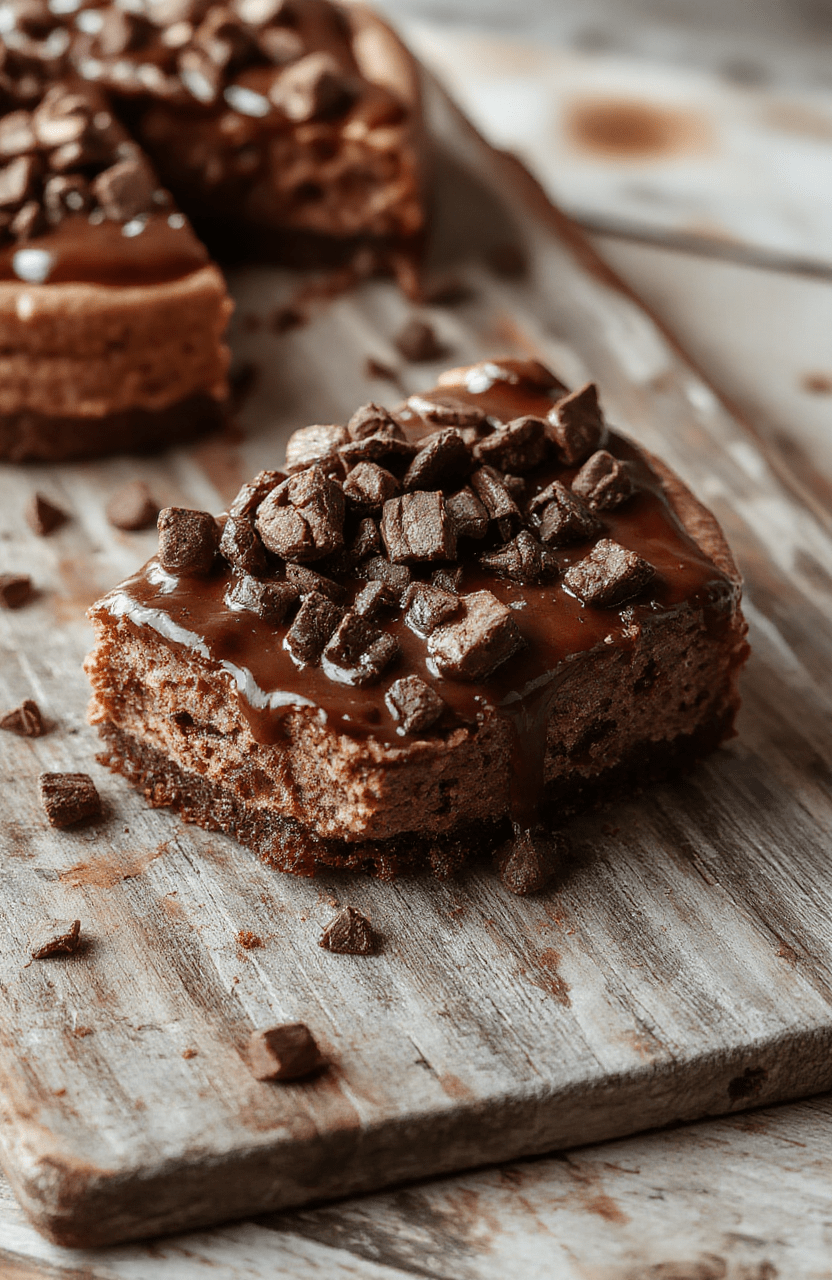 A rich, creamy German Chocolate Cheesecake sliced to reveal its luscious layers. The top is beautifully decorated with shredded coconut, chopped pecans, and chocolate shavings, with a glossy chocolate glaze. The cheesecake sits on a rustic plate, with a background of warm-toned wooden surface and soft natural light highlighting its textures and indulgent appearance.