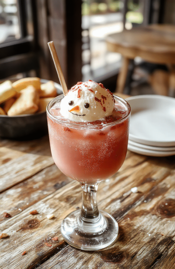 A vibrant, layered snowy white cocktail garnished with a mini marshmallow snowman and a peppermint stick, served in a clear martini glass with a sugared rim, set against a cozy holiday backdrop with twinkling lights and seasonal decor, highlighting the creamy texture and festive colors.