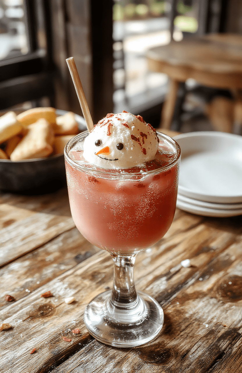 A vibrant, layered snowy white cocktail garnished with a mini marshmallow snowman and a peppermint stick, served in a clear martini glass with a sugared rim, set against a cozy holiday backdrop with twinkling lights and seasonal decor, highlighting the creamy texture and festive colors.