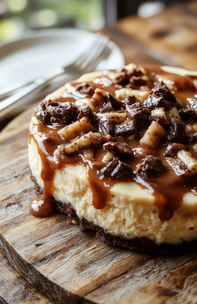 A rich slice of turtle cheesecake topped with glossy caramel sauce and drizzled chocolate, sitting on a rustic wooden platter. The crumbly crust is visible beneath the creamy, swirled filling, garnished with chopped pecans and a caramel drizzle. The dessert is styled with a few whole pecans and a small bowl of caramel on the side, with a blurred cozy background highlighting its indulgent appeal.
