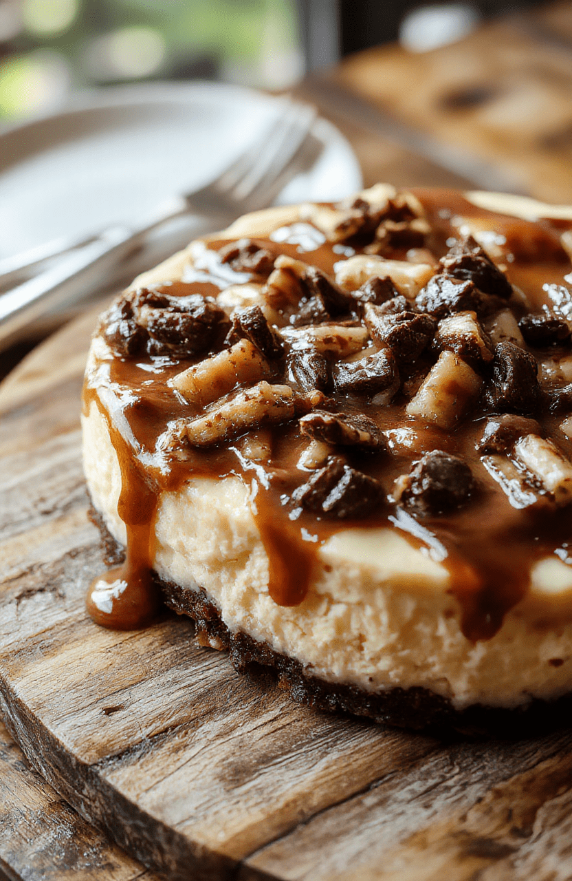 A rich slice of turtle cheesecake topped with glossy caramel sauce and drizzled chocolate, sitting on a rustic wooden platter. The crumbly crust is visible beneath the creamy, swirled filling, garnished with chopped pecans and a caramel drizzle. The dessert is styled with a few whole pecans and a small bowl of caramel on the side, with a blurred cozy background highlighting its indulgent appeal.