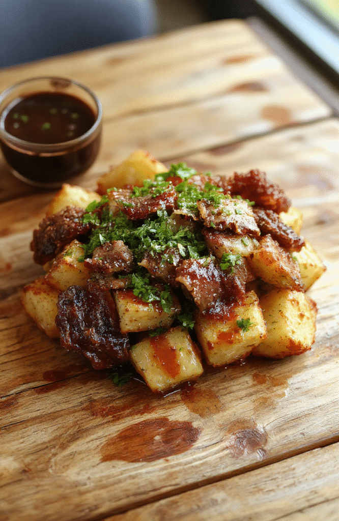 A rustic plate featuring golden roasted potatoes topped with crispy bacon bits and tender beef strips, garnished with fresh herbs. The dish is styled with a warm, inviting atmosphere, showcasing textures of crispy, juicy, and tender ingredients on a simple wooden table with natural daylight.