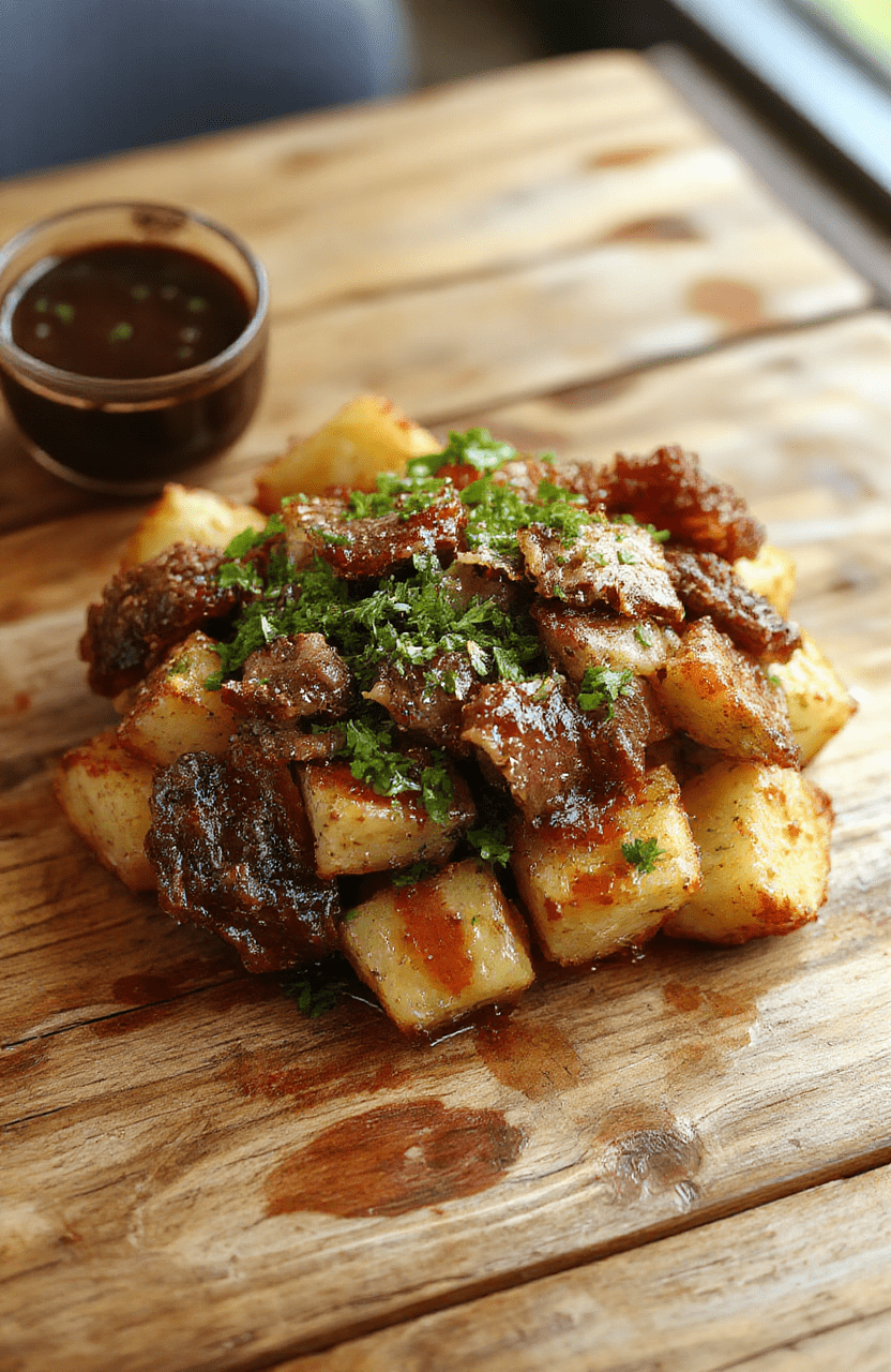 A rustic plate featuring golden roasted potatoes topped with crispy bacon bits and tender beef strips, garnished with fresh herbs. The dish is styled with a warm, inviting atmosphere, showcasing textures of crispy, juicy, and tender ingredients on a simple wooden table with natural daylight.
