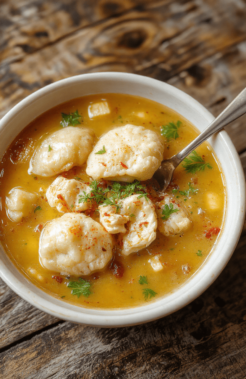 A bowl of steaming chicken dumpling soup featuring tender chicken pieces, fluffy dumplings, vibrant vegetables, and fresh herbs, all in a rich broth, styled simply on a rustic wooden table with a neutral background.