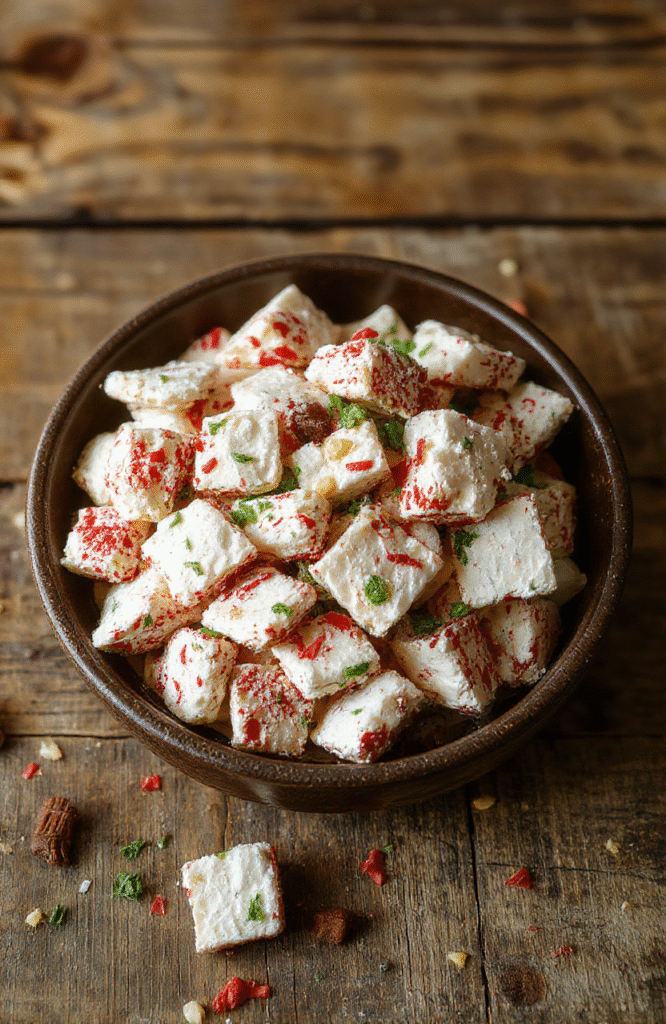 A colorful bowl of Christmas Puppy Chow featuring coated cereal pieces in red, green, and white sprinkles, arranged on a rustic wooden surface. The snack looks crunchy and coated with a glossy chocolate layer, sprinkled with festive holiday-themed toppings. The background is softly blurred with holiday decorations adding a cheerful vibe.