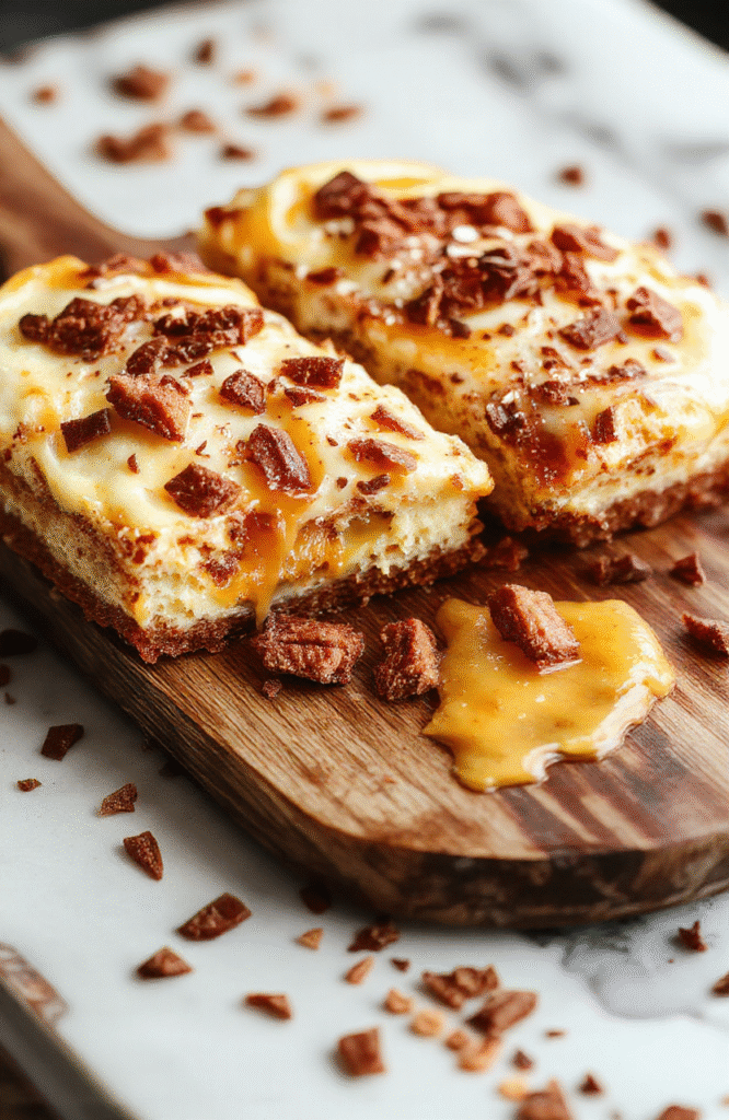 A vibrant cheesecake topped with golden brown churro pieces, drizzled with chocolate sauce, garnished with cinnamon sugar, served on a rustic wooden platter with a swirl of caramel sauce, inviting and colorful presentation.