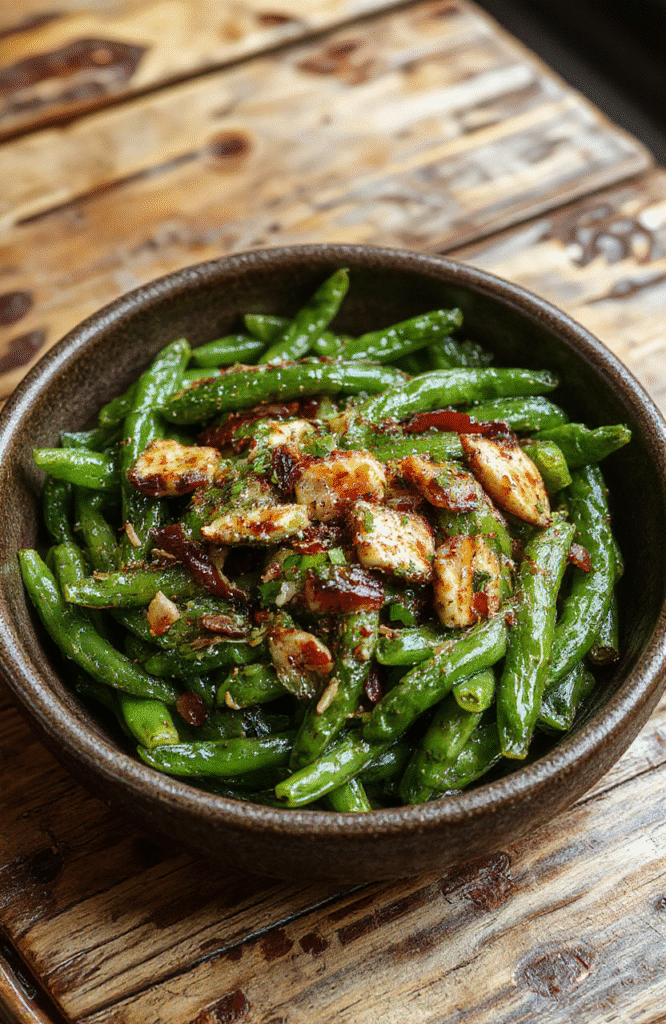 Vibrant green beans glazed with a shiny, caramelized coating, arranged on a rustic white plate with a sprinkle of sesame seeds, surrounded by fresh ingredients and a wooden table background. The scene captures the glossy texture, bright color, and inviting presentation of this savory, addictive side dish.