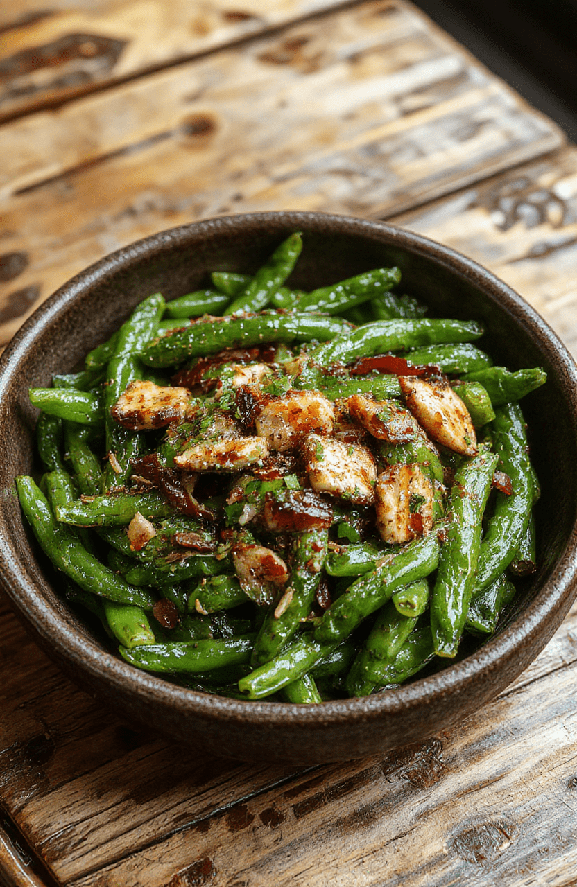 Vibrant green beans glazed with a shiny, caramelized coating, arranged on a rustic white plate with a sprinkle of sesame seeds, surrounded by fresh ingredients and a wooden table background. The scene captures the glossy texture, bright color, and inviting presentation of this savory, addictive side dish.