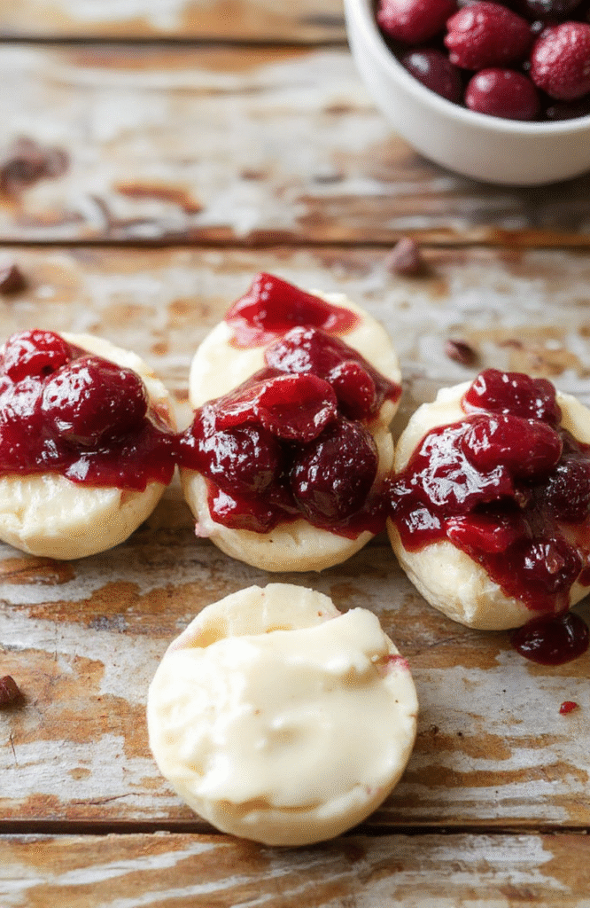 A close-up shot of golden phyllo cups filled with creamy brie cheese topped with vibrant red cranberry sauce and fresh herbs, arranged on a rustic wooden board with festive decorations in the background, showcasing the crispy textures and glossy toppings.