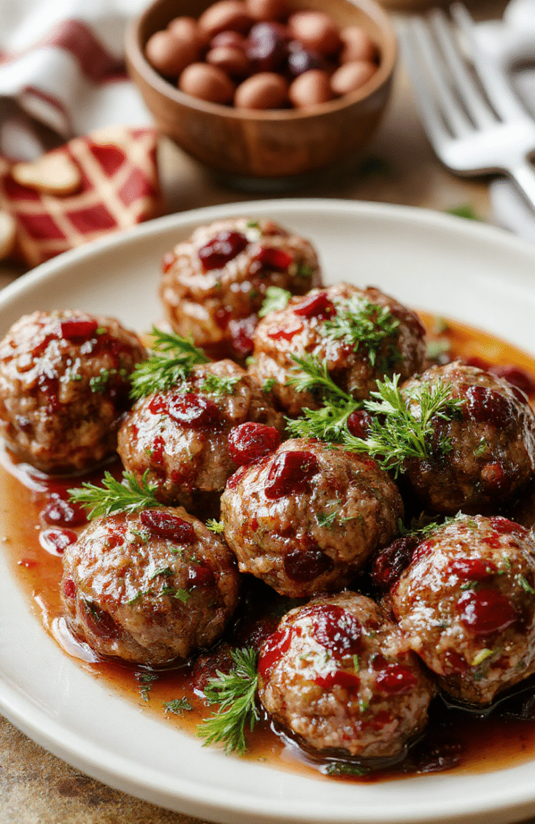 A plate of shiny, glazed cranberry meatballs arranged neatly on a white serving dish. The meatballs are garnished with fresh parsley and surrounded by vibrant red cranberries and sprigs of rosemary, with a festive holiday table in the soft-focused background. The textures range from tender meatballs to glossy cranberry glaze, creating an inviting and colorful holiday appetizer scene.