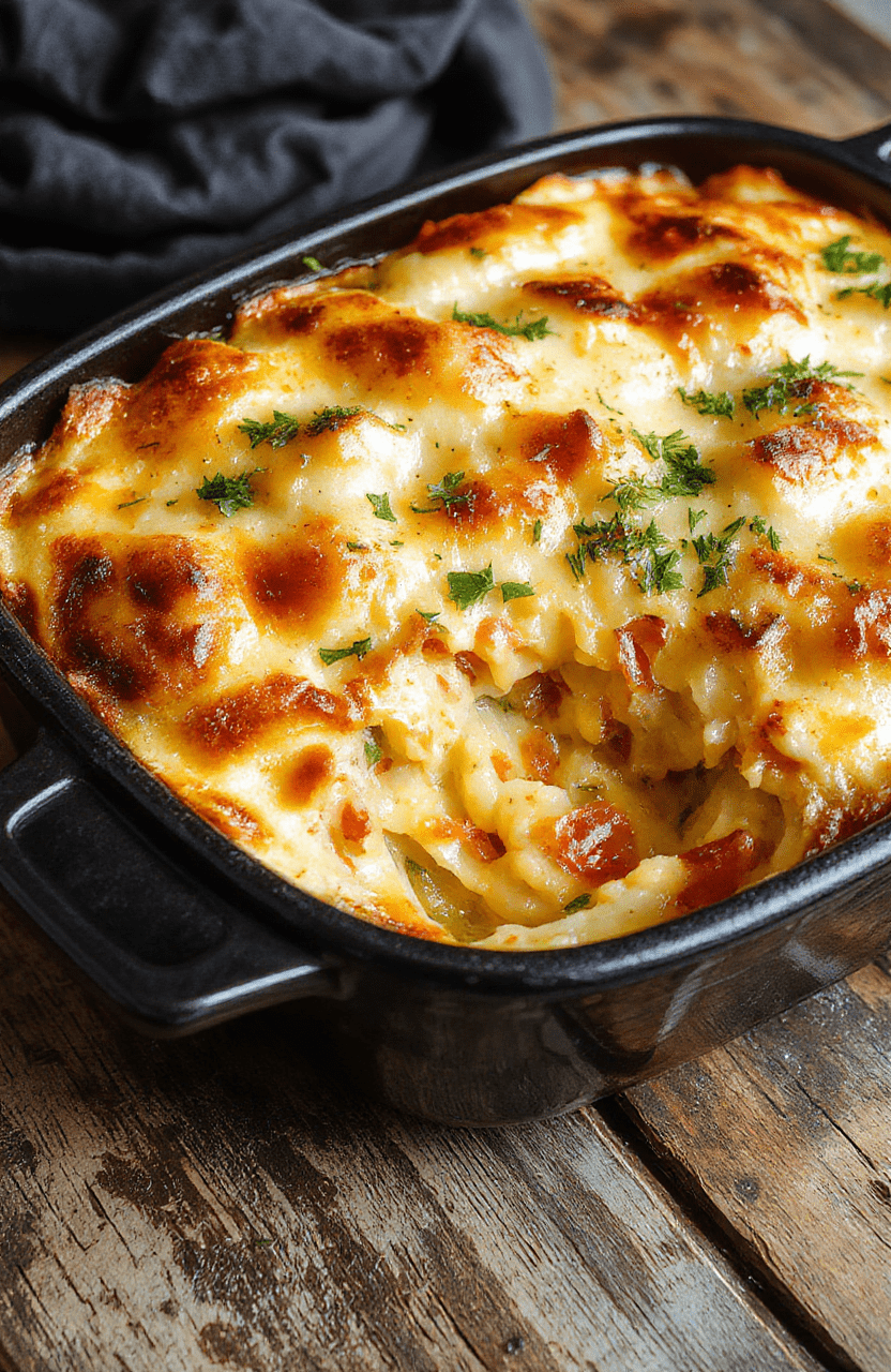 A hearty hobo casserole served in a rustic oven-safe dish, featuring a golden-brown top with melted cheese, chunks of seasoned ground beef, potatoes, mixed vegetables, and herbs. The dish is styled casually on a wooden table with a fork and a sprinkle of fresh herbs for garnish.