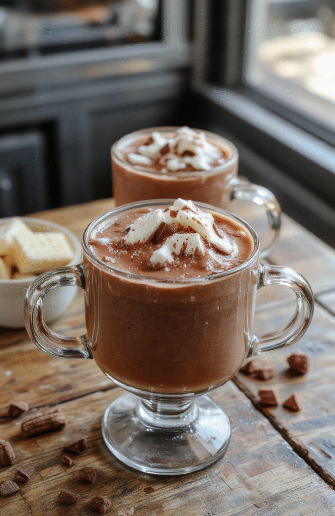 A vibrant hot chocolate bar setup featuring cups of rich, creamy hot chocolate topped with whipped cream, marshmallows, and sprinkles. The display includes an assortment of toppings, chocolate shavings, and flavored syrups arranged on a rustic wooden table with cozy holiday decorations in the background, creating an inviting and festive atmosphere.