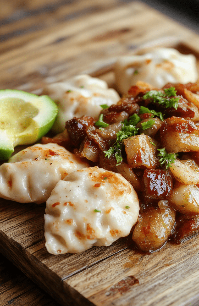 Colorful potsticker stir fry arranged on a rustic wooden platter, featuring golden-brown potstickers nestled among vibrant stir-fried vegetables like bell peppers, snap peas, and carrots, all coated in a glossy savory sauce. The dish is styled simply with a sprinkle of sesame seeds and chopped green onions, showcasing textures from crispy potstickers to tender vegetables, in a bright, inviting setting.