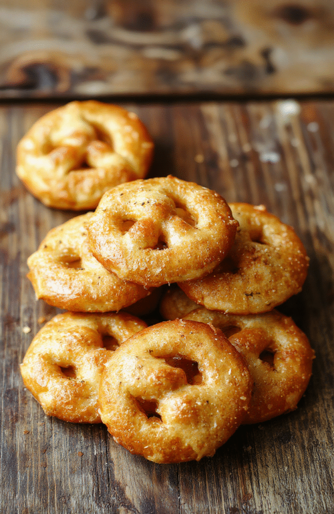 A plate of golden-brown pretzel bites topped with melted chocolate and gooey caramel, arranged artfully on a rustic wooden surface with a few pretzels scattered around, showcasing their glossy finish and soft texture, surrounded by scattered Rolos and pretzels for visual appeal.