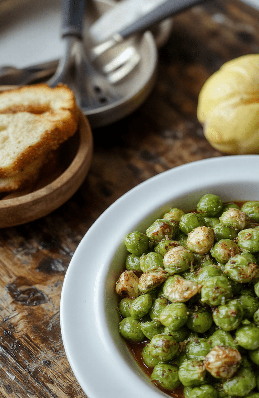A vibrant white plate featuring a colorful serving of tender green peas tossed with herbs and butter, accented with red pepper flakes, on a rustic wooden table with seasonal decor.