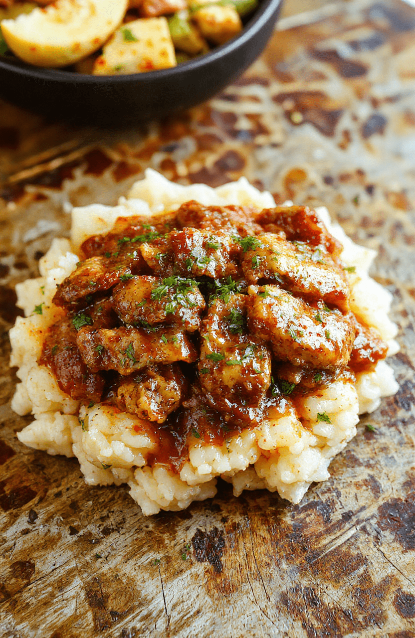 A hearty plate of smothered chicken and rice, featuring golden-brown chicken breast smothered in rich gravy, served over fluffy steamed rice, accented with fresh herbs and colorful vegetables, styled simply in a rustic setting with a warm, inviting atmosphere