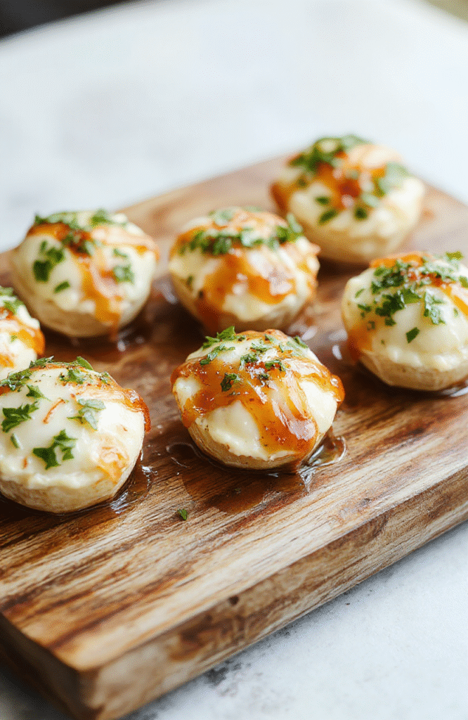 A close-up of delicate goat cheese honey bites arranged on a rustic wooden serving board. The bites feature creamy goat cheese topped with a drizzle of golden honey and a sprinkle of fresh herbs. The vibrant colors of the honey, the soft texture of the cheese, and the green herbs create an inviting and elegant presentation. Natural daylight highlights the textures and makes the dish look fresh and appetizing, styled simply with minimal props.