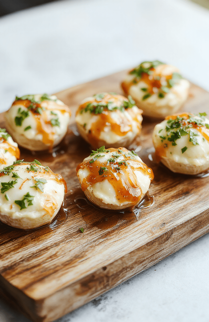 A close-up of delicate goat cheese honey bites arranged on a rustic wooden serving board. The bites feature creamy goat cheese topped with a drizzle of golden honey and a sprinkle of fresh herbs. The vibrant colors of the honey, the soft texture of the cheese, and the green herbs create an inviting and elegant presentation. Natural daylight highlights the textures and makes the dish look fresh and appetizing, styled simply with minimal props.