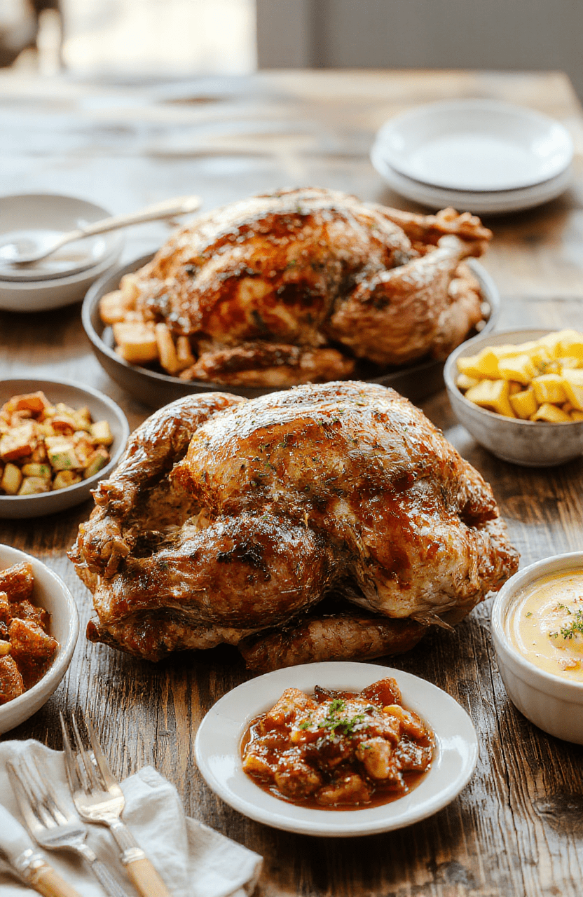 A colorful Thanksgiving spread featuring roasted turkey, succulent cornbread stuffing, vibrant green beans, and cranberry sauce on a rustic wooden table, complemented by fall décor and warm lighting, showcasing textures and seasonal colors.