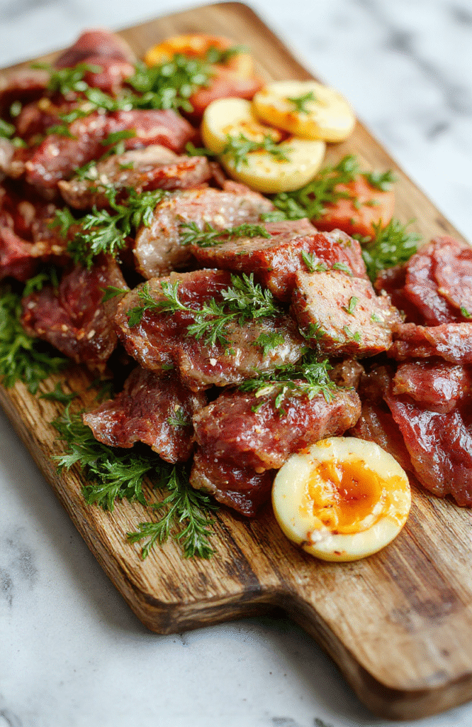 A vibrant platter featuring meticulously arranged slices of cured meats shaped into elegant flower forms, garnished with fresh herbs, colorful vegetables, and edible flowers on a rustic wooden board, with a soft natural light highlighting the textures and colors of the ingredients.