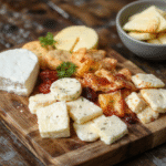A beautifully arranged cheese board featuring assorted cheeses, fresh fruits, nuts, crackers, and cured meats on a rustic wooden board. The vibrant colors of the grapes and berries contrast with the creamy cheeses and crunchy crackers, all styled with fresh herbs and decorative elements, creating an inviting and elegant presentation perfect for entertaining.