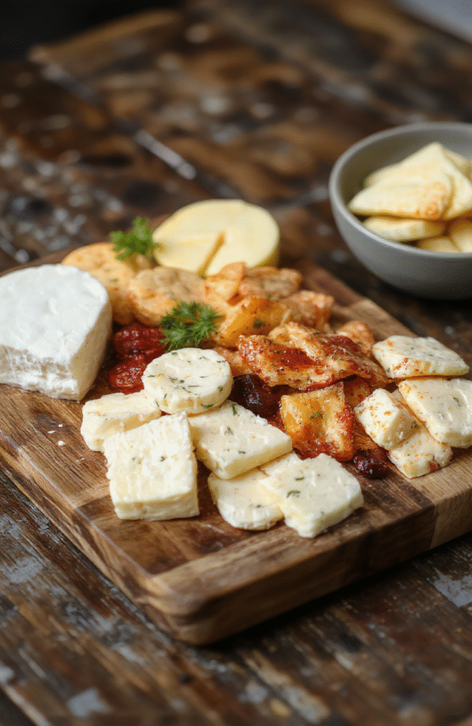 A beautifully arranged cheese board featuring assorted cheeses, fresh fruits, nuts, crackers, and cured meats on a rustic wooden board. The vibrant colors of the grapes and berries contrast with the creamy cheeses and crunchy crackers, all styled with fresh herbs and decorative elements, creating an inviting and elegant presentation perfect for entertaining.