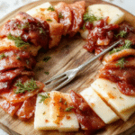 A vibrant holiday charcuterie wreath featuring an assortment of cheeses, cured meats, fresh green herbs, nuts, and colorful fruits arranged in a circular wreath shape on a rustic wooden platter. The textures range from creamy cheeses to crunchy nuts and juicy berries, styled with decorative greenery for a festive look.