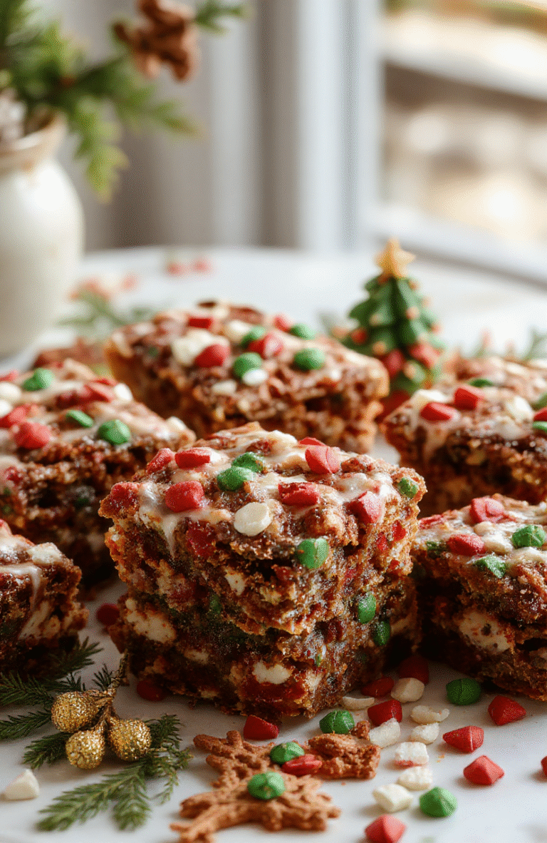 A colorful plate of golden-brown Christmas cookie bars decorated with red and green sprinkles, drizzled with white chocolate, on a festive holiday-themed table with seasonal décor.