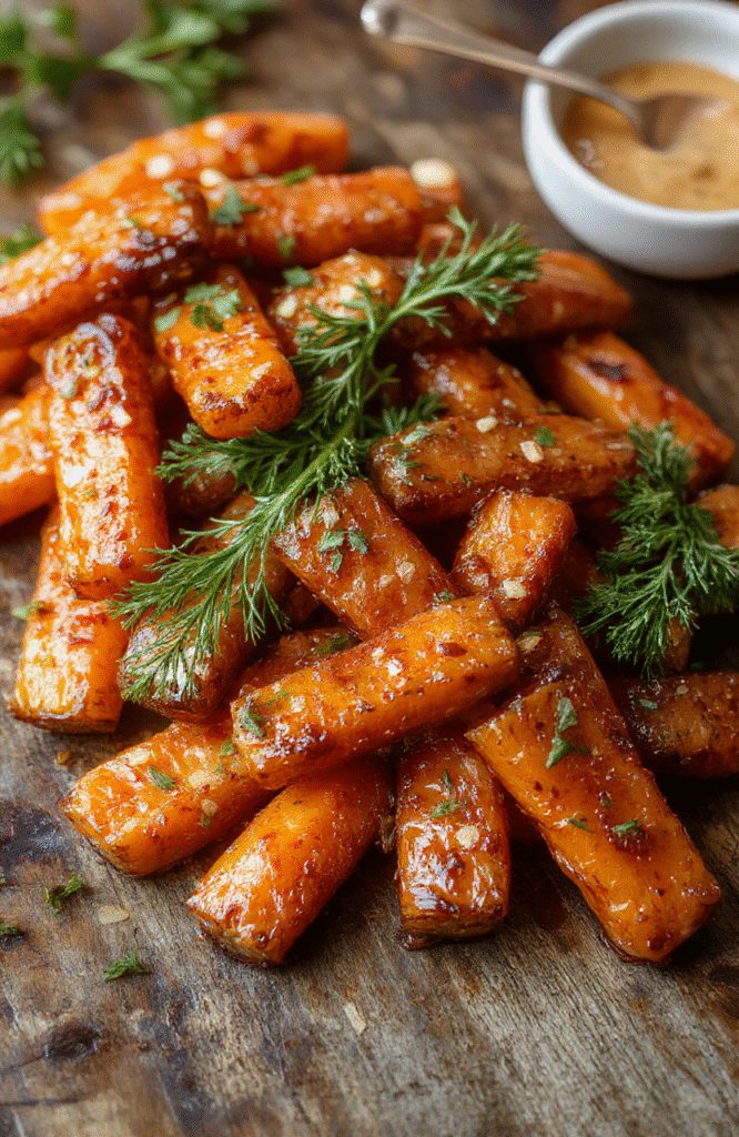 Colorful glazed carrots arranged beautifully on a white plate, garnished with fresh herbs, with a glossy caramel glaze highlighting their tender texture, served on a rustic wooden table with soft natural lighting.