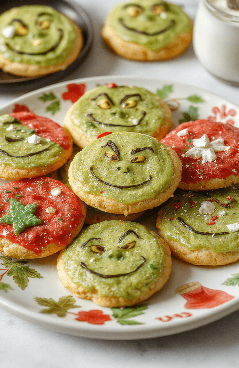 Colorful festive Grinch cookies arranged on a holiday-themed plate, featuring vibrant green frosting, red candy accents, and charming decorations. The cookies have a soft, textured surface with playful, holiday-inspired styling, set against a seasonal backdrop with holiday décor elements.