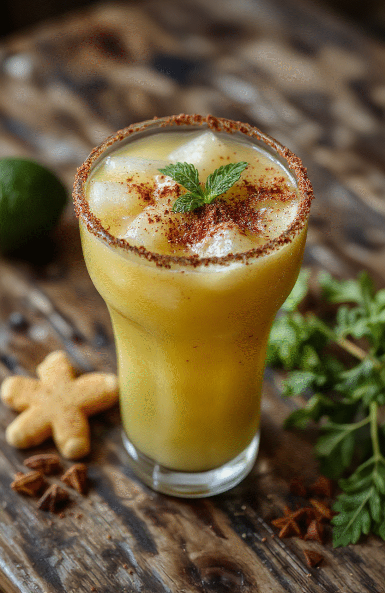 A vibrant, colorful Margarita glass filled with a deep amber-orange beverage topped with a salted rim and garnished with a cinnamon stick and orange slice. The background features warm holiday decor with festive lights, and a sprinkle of ground spices scattered nearby, emphasizing the spicy and seasonal essence. The glass is styled on a wooden surface with a soft, cozy ambiance.
