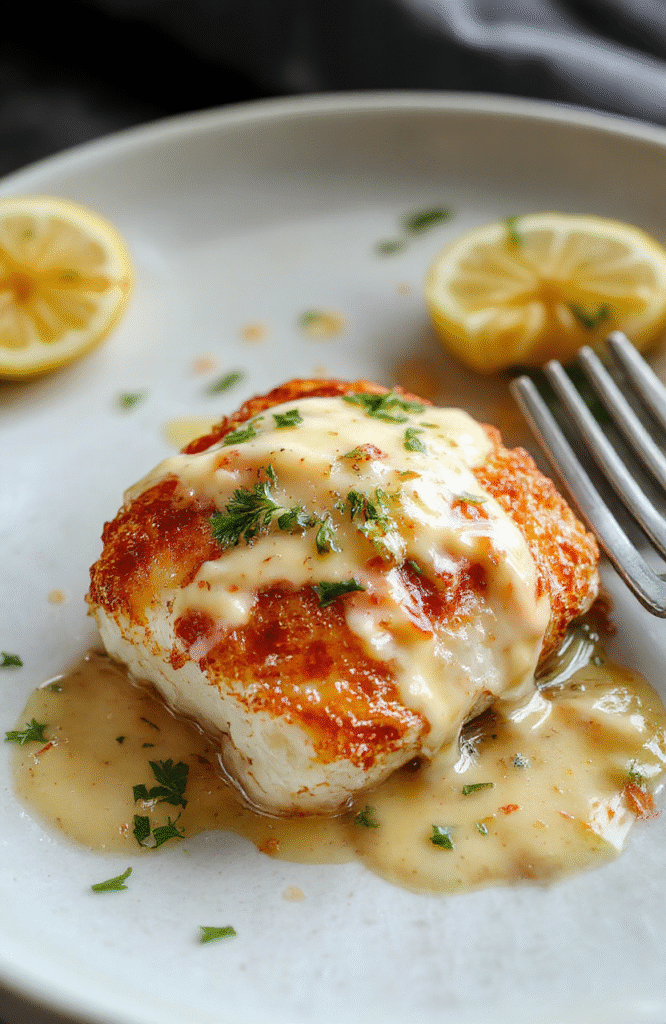 A beautifully plated flaky baked cod fillet topped with a vibrant yellow coconut lemon cream sauce, garnished with fresh herbs. The dish is presented on a rustic white plate, with a lemon wedge and sprigs of parsley, set on a wooden table. The sauce has a smooth, creamy texture, contrasting with the perfectly baked, golden crust of the fish, creating an elegant yet approachable presentation.