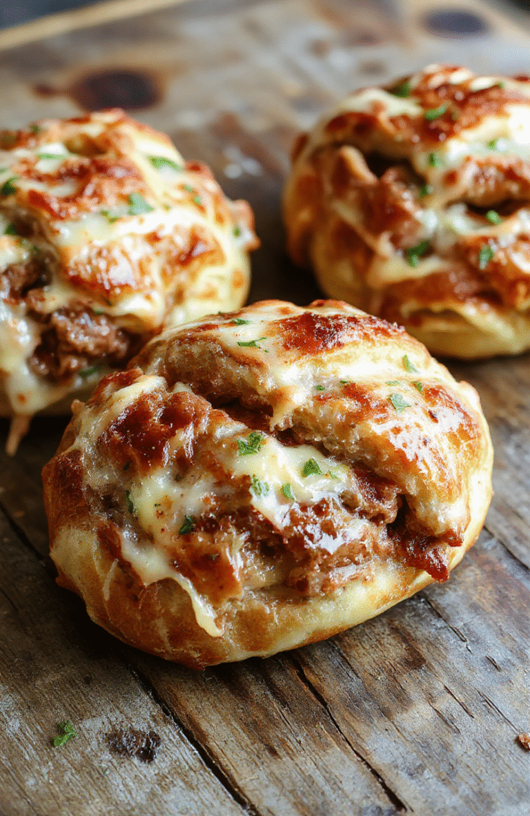 Golden-brown flaky croissants filled with savory beef and melted cheese, arranged elegantly on a rustic wooden platter, steaming hot with crispy edges, garnished with fresh herbs, styled with a neutral background providing a warm inviting atmosphere.