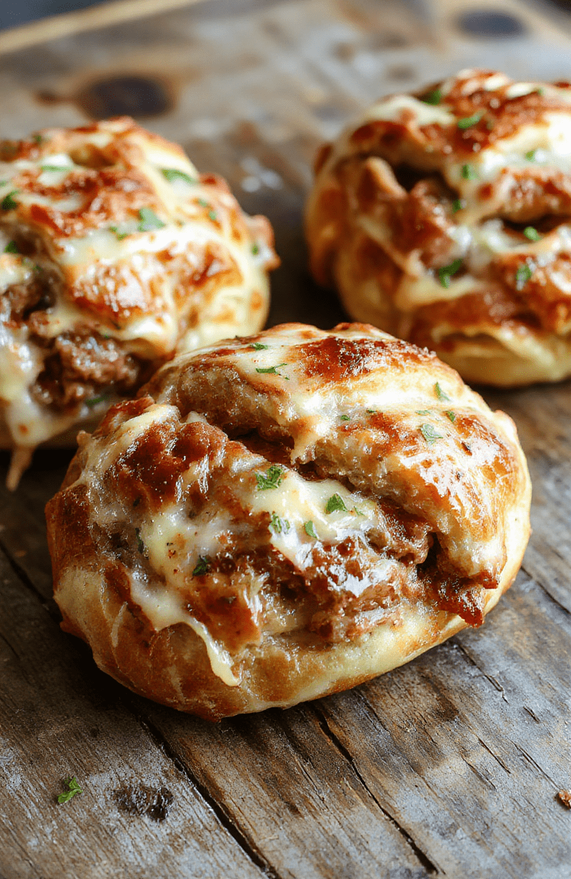 Golden-brown flaky croissants filled with savory beef and melted cheese, arranged elegantly on a rustic wooden platter, steaming hot with crispy edges, garnished with fresh herbs, styled with a neutral background providing a warm inviting atmosphere.