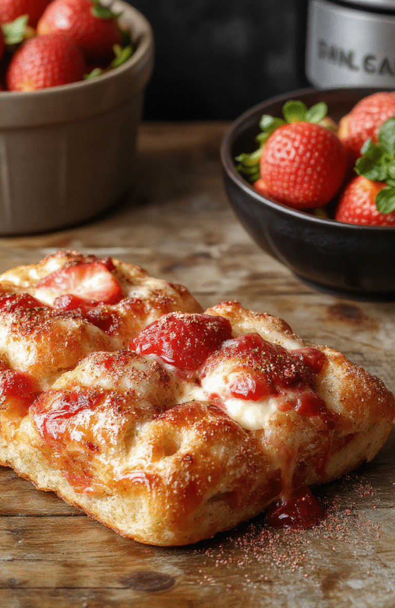 A flaky strawberry Danish pastry topped with fresh sliced strawberries and a dusting of powdered sugar, layered beautifully on a white plate with golden-brown edges and creamy filling visible inside, styled on a rustic wooden board with natural daylight highlighting the vibrant reds and soft textures.
