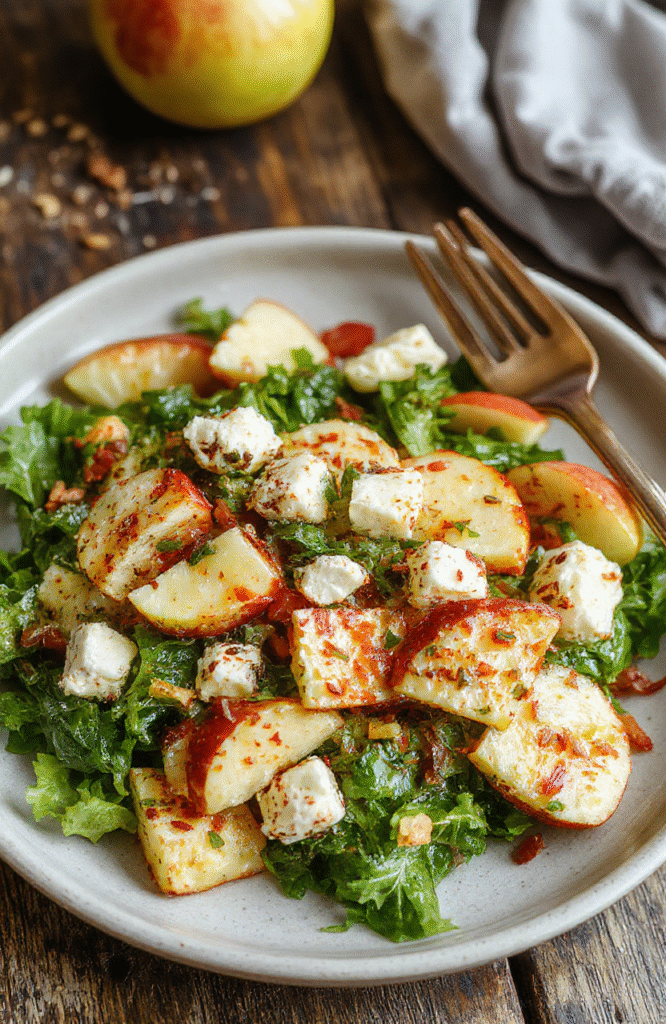 A vibrant plate featuring crisp apple slices, crumbly feta cheese, mixed greens, and walnuts, drizzled with a light vinaigrette, styled on a rustic wooden table with a fall-themed background, emphasizing warm colors and fresh textures.