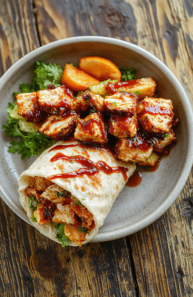 A vibrant plate of BBQ chicken wraps with golden grilled chicken, fresh green lettuce, and red bell pepper slices wrapped in soft tortillas, served on a rustic wooden table with a drizzle of BBQ sauce, showcasing a colorful and appetizing presentation.