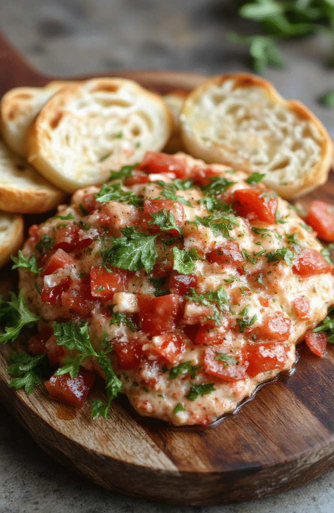 Vibrant bowls of freshly chopped tomatoes, basil, garlic, and olive oil on a rustic wooden platter with crispy toasted baguette slices, colorful herbs, and drizzled balsamic vinegar, styled for a casual appetizer setting.