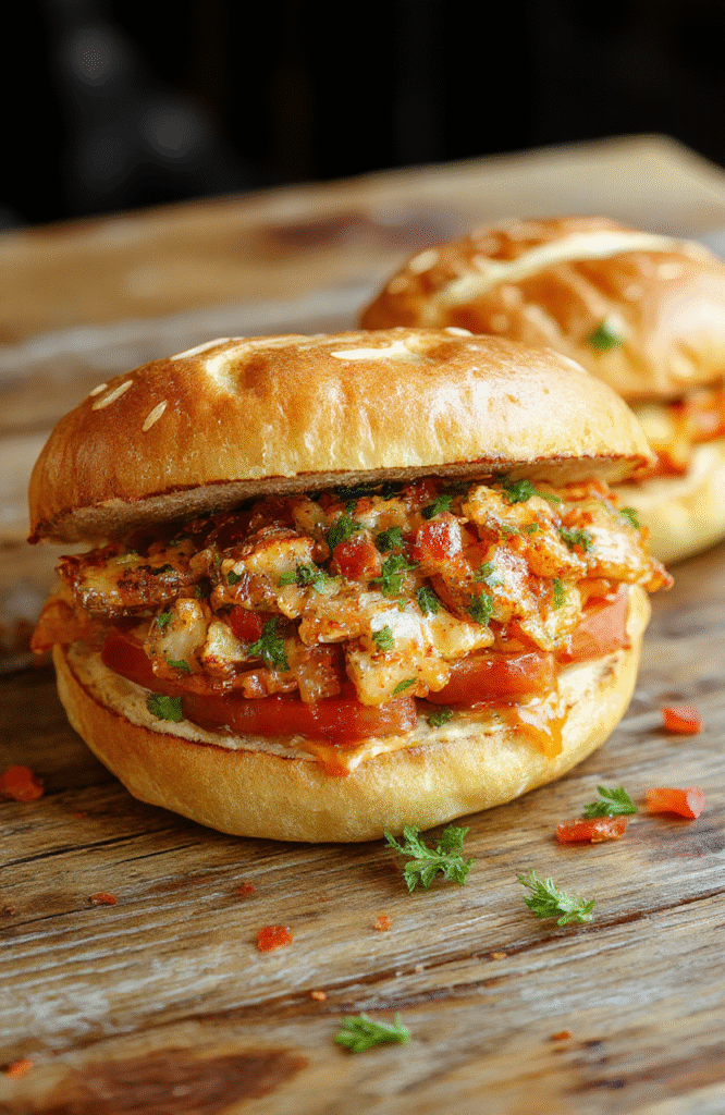 A vibrant chopped sub sandwich on a rustic wooden surface, filled with colorful fresh vegetables, seasoned meats, and melted cheese, artfully layered with crispy lettuce and tomatoes, showcasing textures and bright colors.