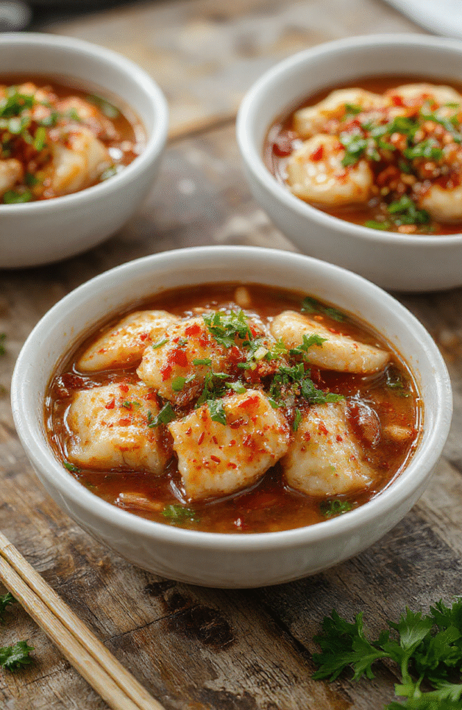 A vibrant bowl filled with golden-brown potstickers arranged on top of stir-fried noodles, garnished with green scallions and sesame seeds, with a drizzle of savory sauce. The dish is plated on a rustic wooden surface, showcasing textures from crispy edges to tender noodles, with colorful vegetables peeking through, styled in a casual, appetizing way.