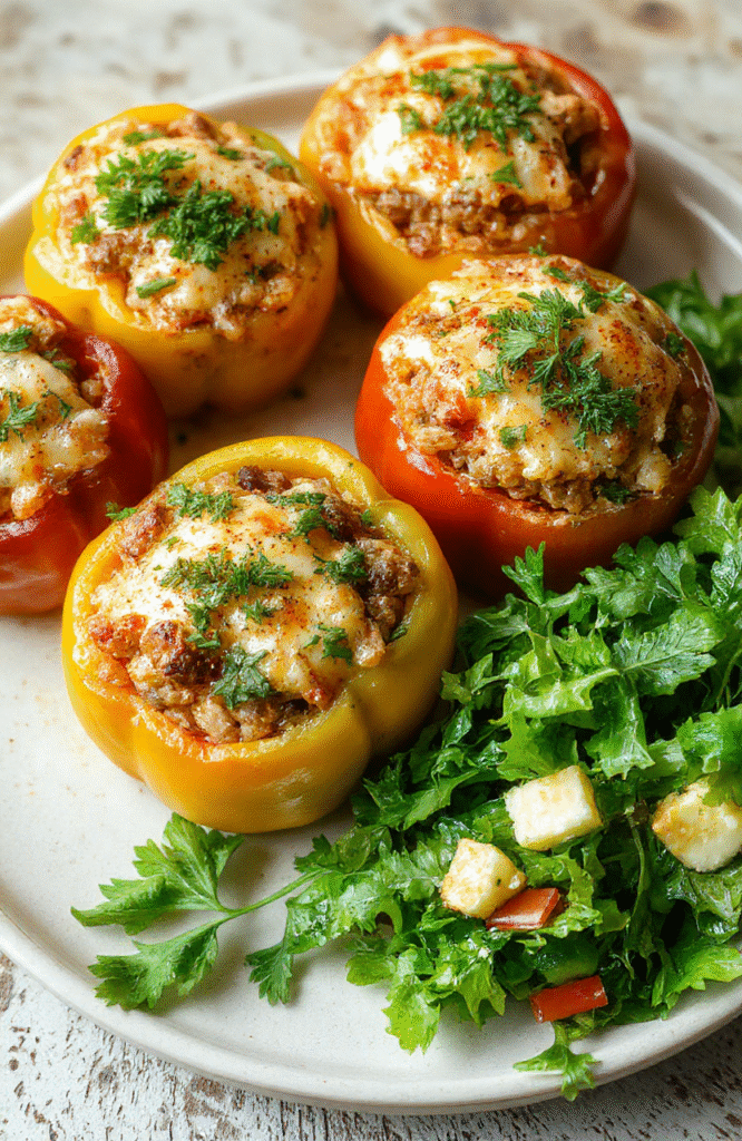 A vibrant plate of stuffed bell peppers featuring colorful red, yellow, and green peppers filled with seasoned rice, ground meat, and melted cheese. The peppers are arranged attractively on a rustic wooden surface, topped with fresh herbs and a side of green salad. The textures of the juicy peppers and cheesy filling create an inviting, appetizing scene with natural daylight highlighting the vivid colors.