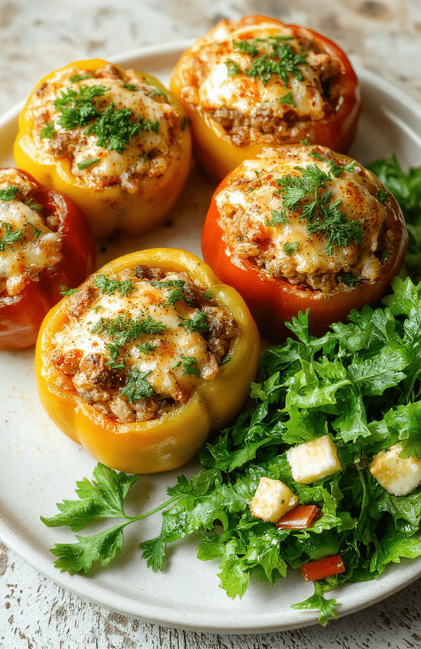 A vibrant plate of stuffed bell peppers featuring colorful red, yellow, and green peppers filled with seasoned rice, ground meat, and melted cheese. The peppers are arranged attractively on a rustic wooden surface, topped with fresh herbs and a side of green salad. The textures of the juicy peppers and cheesy filling create an inviting, appetizing scene with natural daylight highlighting the vivid colors.