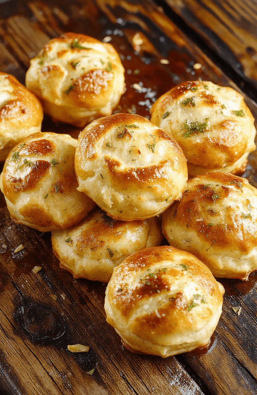 Golden brown fluffy garlic rolls arranged on a rustic wooden platter, drizzled with melted butter and sprinkled with chopped parsley, showcasing their soft, airy texture with crispy edges, styled simply for an inviting home-cooked feel.