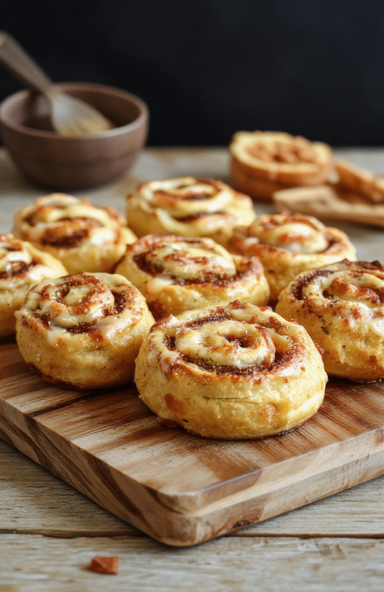 A close-up of fluffy pumpkin rolls topped with a drizzle of glaze, arranged on a rustic wooden board with cinnamon and pumpkin pieces nearby, showcasing their soft, golden texture and inviting fall-inspired presentation.