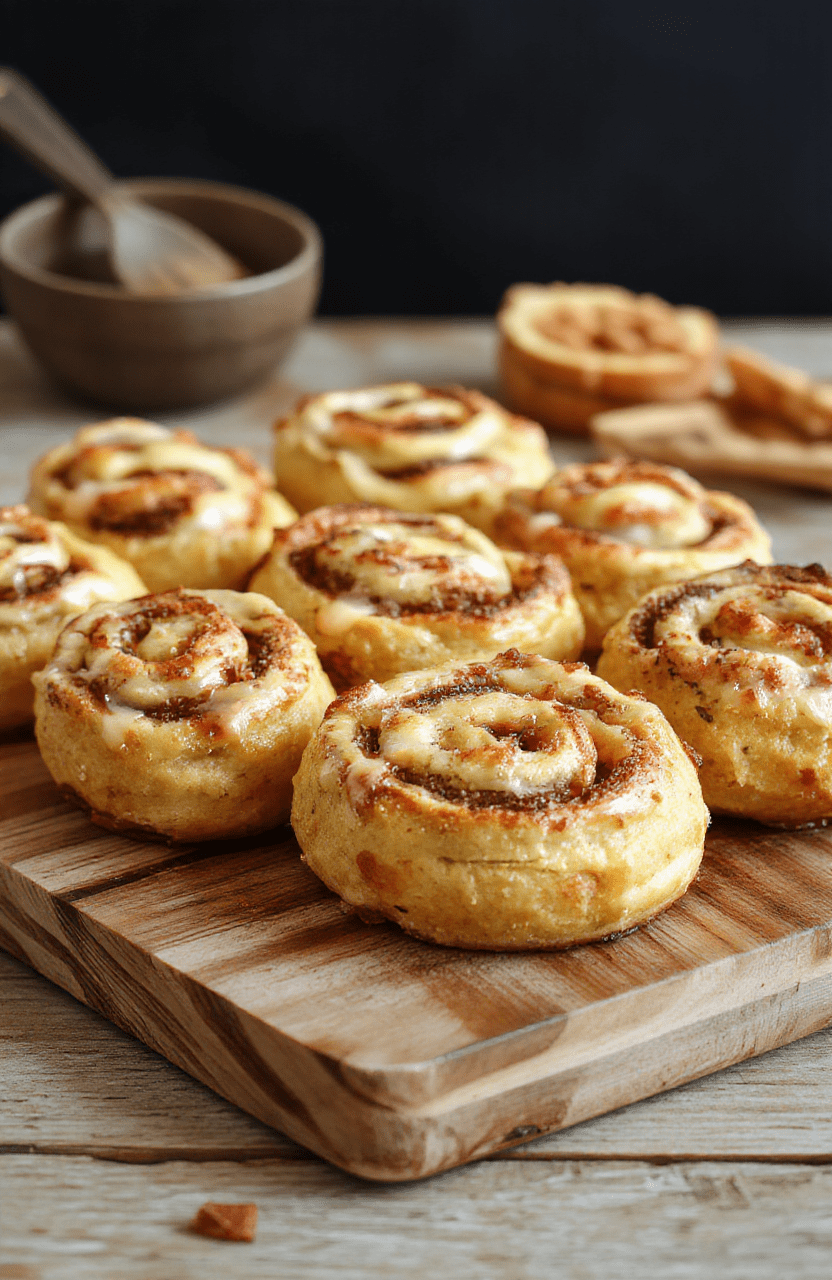 A close-up of fluffy pumpkin rolls topped with a drizzle of glaze, arranged on a rustic wooden board with cinnamon and pumpkin pieces nearby, showcasing their soft, golden texture and inviting fall-inspired presentation.