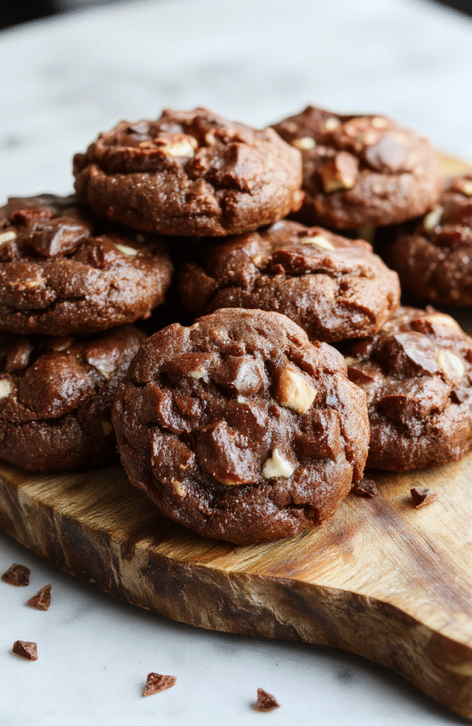 A close-up of fudgy, chewy brownie cookies on a rustic wooden platter, showcasing their rich chocolate color, gooey texture, and slightly cracked tops, styled with a few scattered chocolate chips and a dusting of powdered sugar, with a soft-focus background hinting at a cozy kitchen setting.