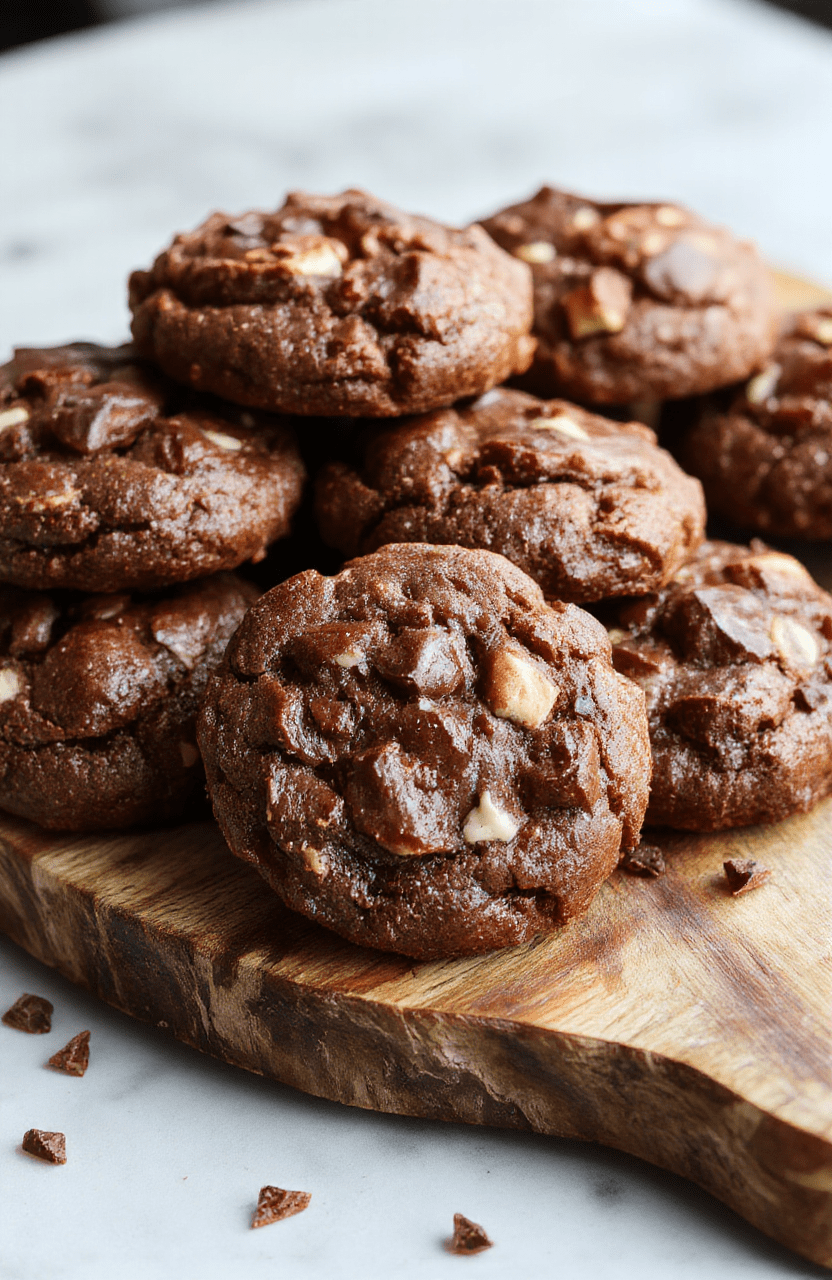 A close-up of fudgy, chewy brownie cookies on a rustic wooden platter, showcasing their rich chocolate color, gooey texture, and slightly cracked tops, styled with a few scattered chocolate chips and a dusting of powdered sugar, with a soft-focus background hinting at a cozy kitchen setting.