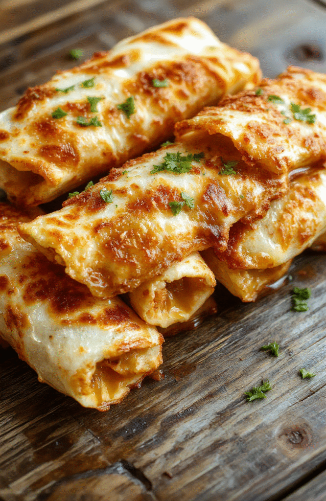 Golden crispy taquitos arranged on a rustic wooden plate, filled with seasoned meat and cheese, topped with fresh chopped cilantro and sliced jalapenos. The plate is garnished with lime wedges, vibrant red salsa, and a side of creamy guacamole. The textures are crunchy on the outside with a gooey, cheesy interior, styled for an inviting, homey feel.